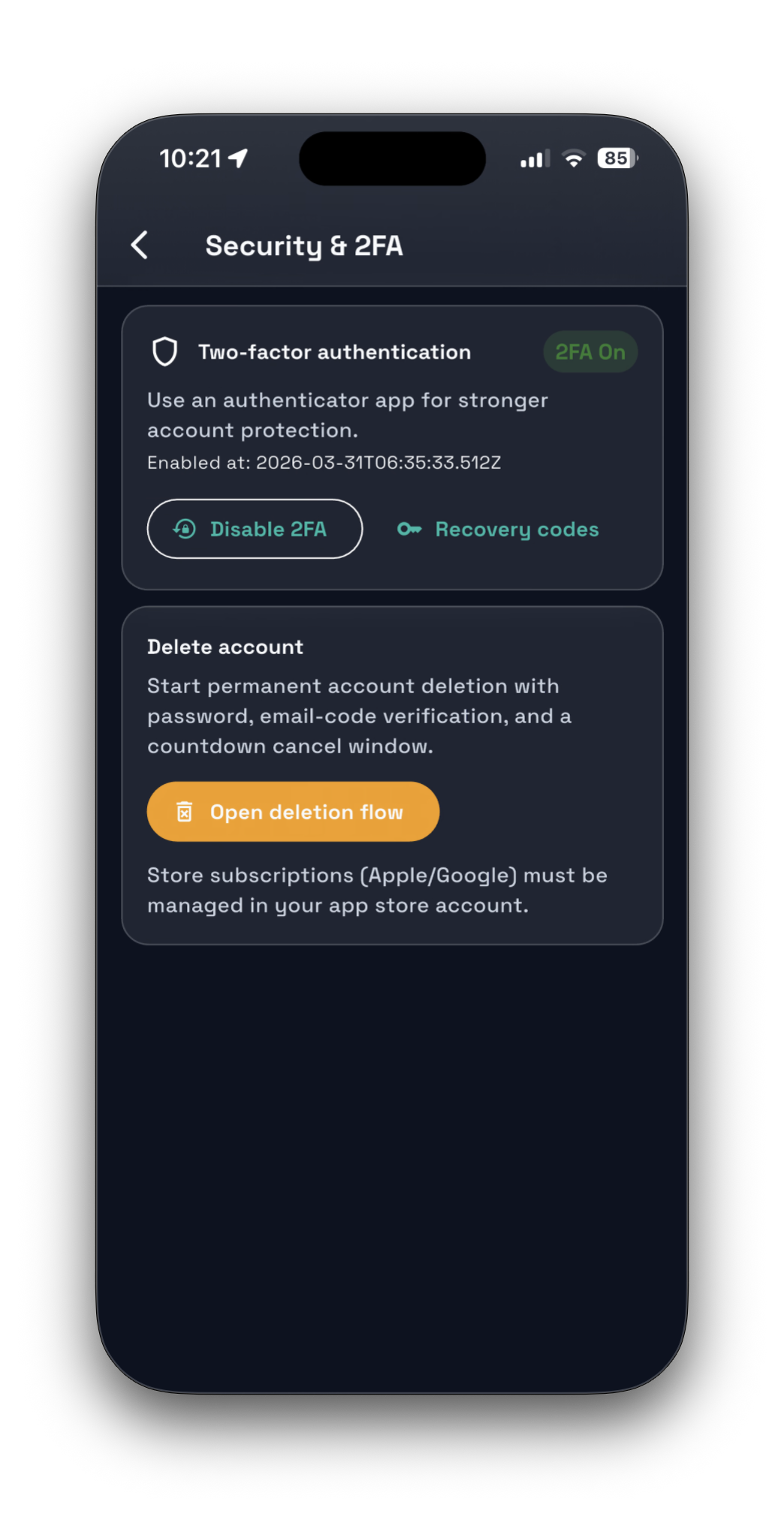 Safara security and account action screen