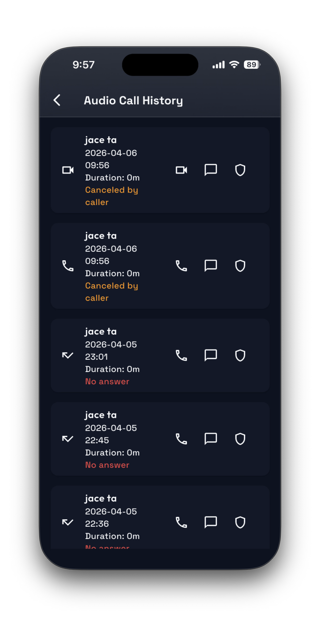Safara call history and usage screen