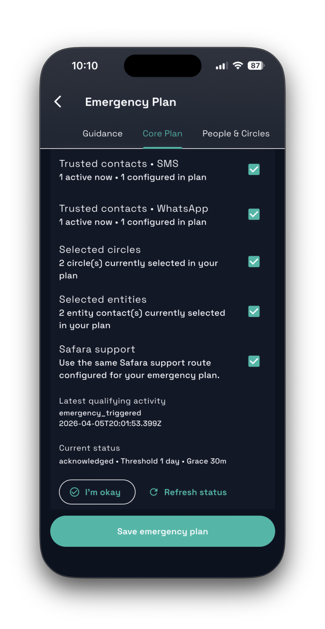Safara emergency plan setup screen
