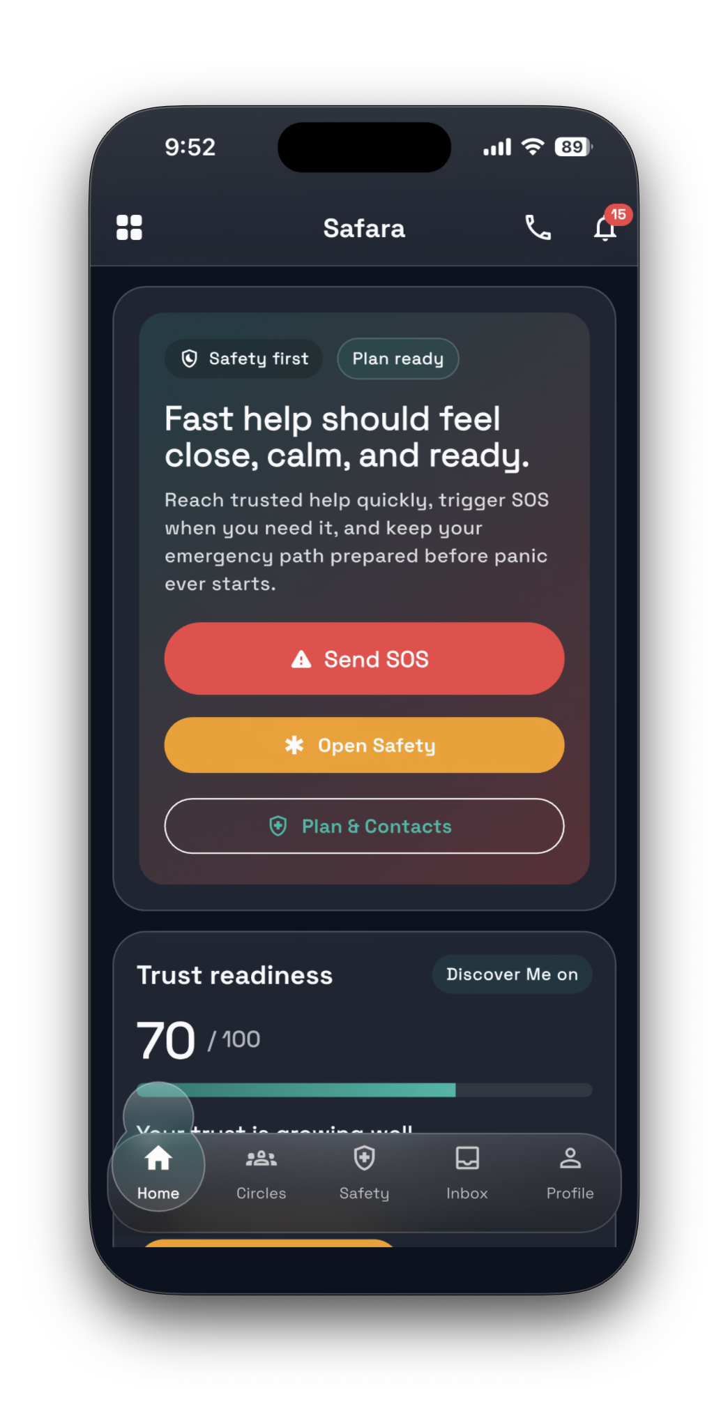 Safara home screen showing safety readiness and SOS access