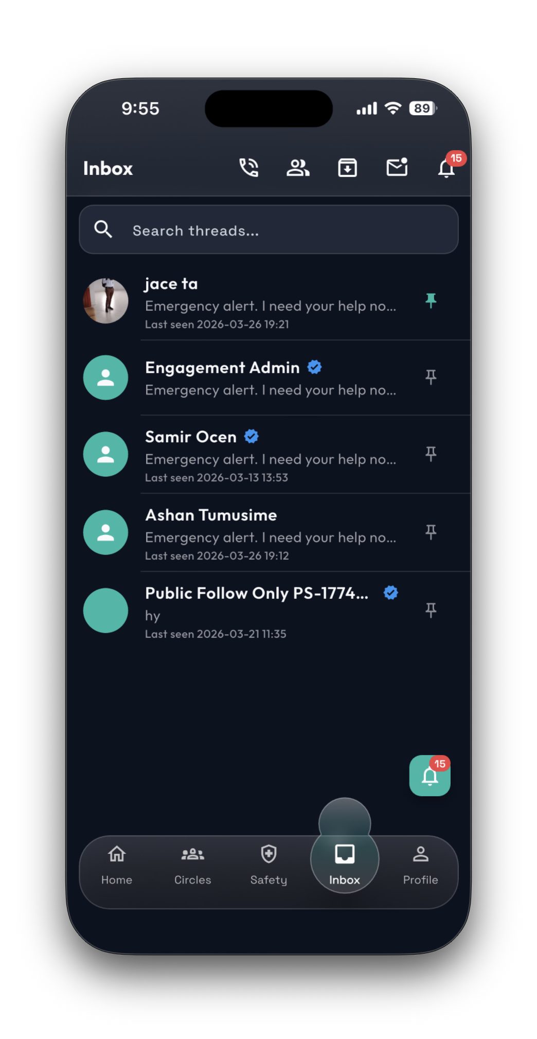 Safara inbox showing emergency follow-up threads
